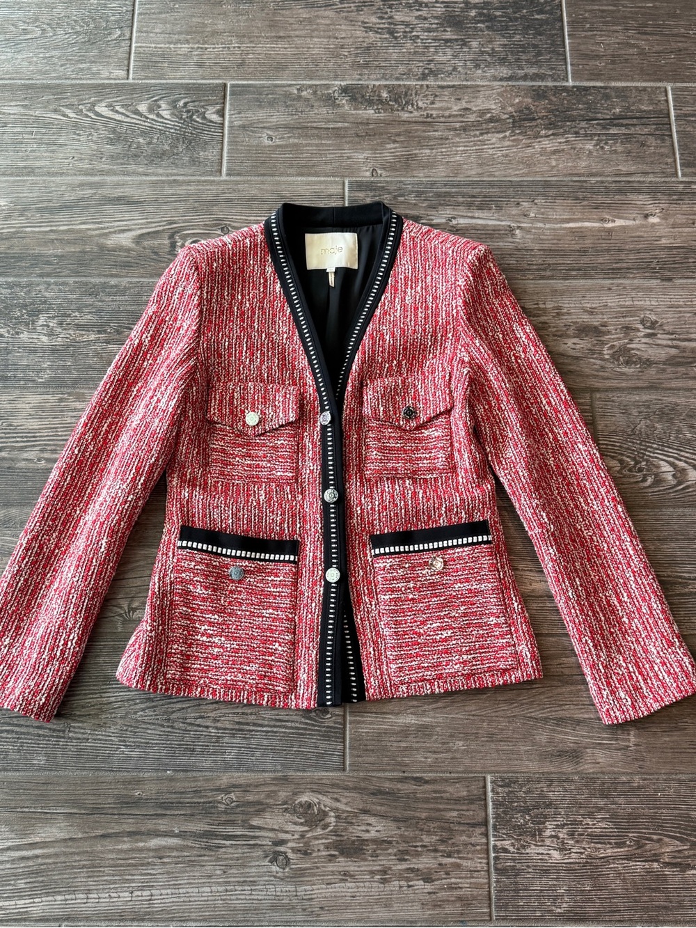 Maje Red Tweed Jacket with Black Trim